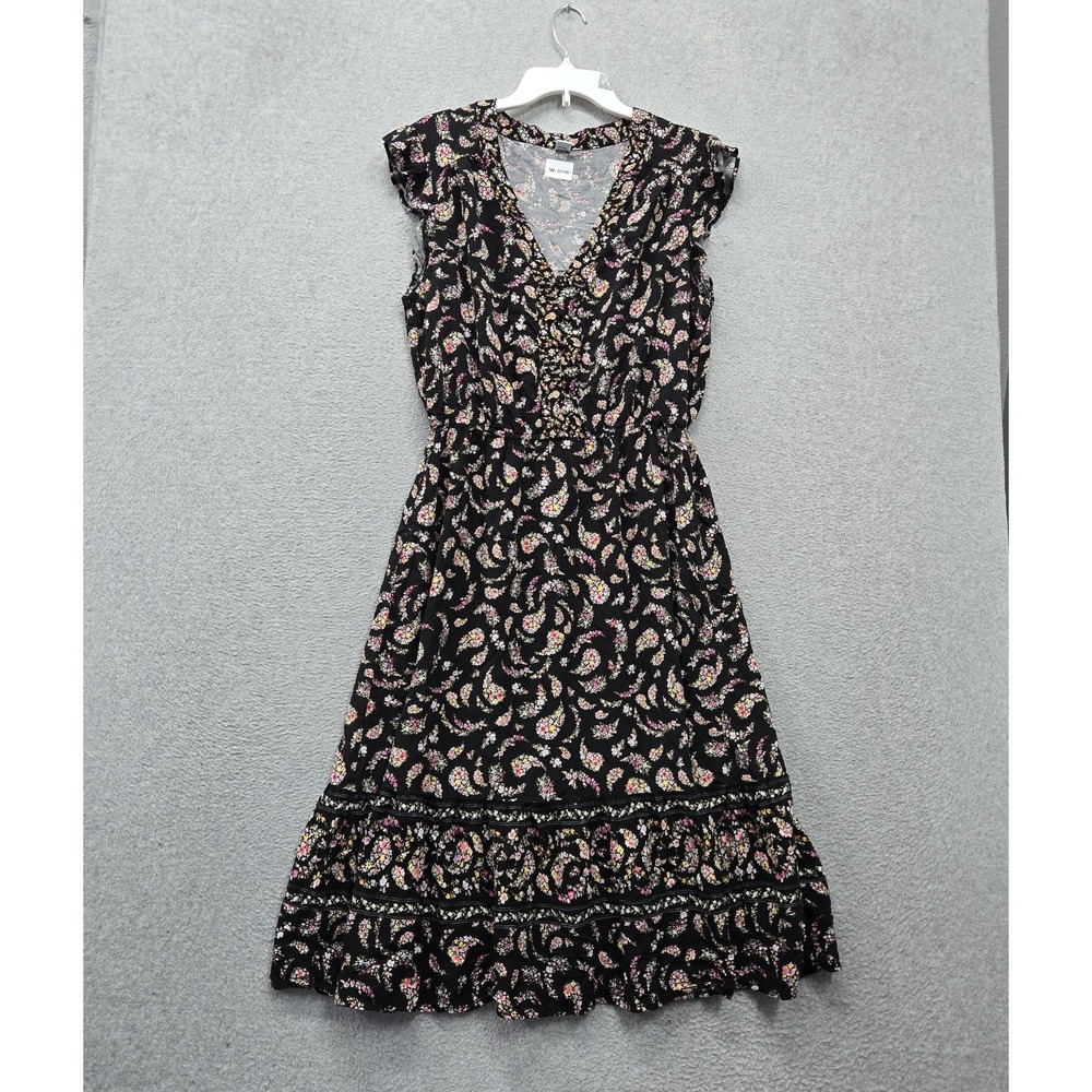 Old Navy Women Dress L Black Paisley Floral Midi Fit & Flare Boho Ruffles Tiered
